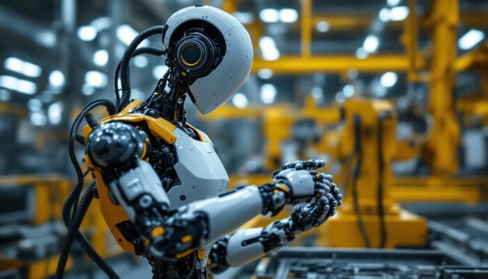 A photograph of a sleek industrial robot in action within a manufacturing environment