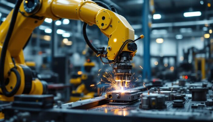 A photograph of capture a photograph of a high-tech industrial robotic arm in action