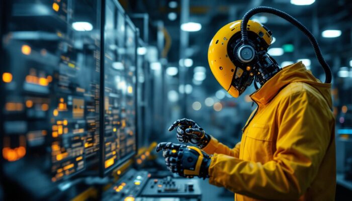 A photograph of a skilled technician programming or interacting with a sophisticated industrial robot in a modern factory setting