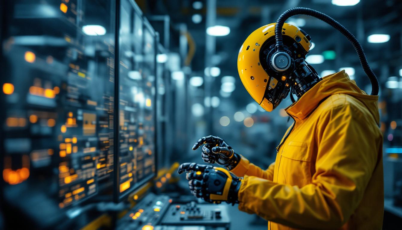 A photograph of a skilled technician programming or interacting with a sophisticated industrial robot in a modern factory setting