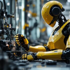 A photograph of a sleek industrial robot in action within a modern manufacturing environment