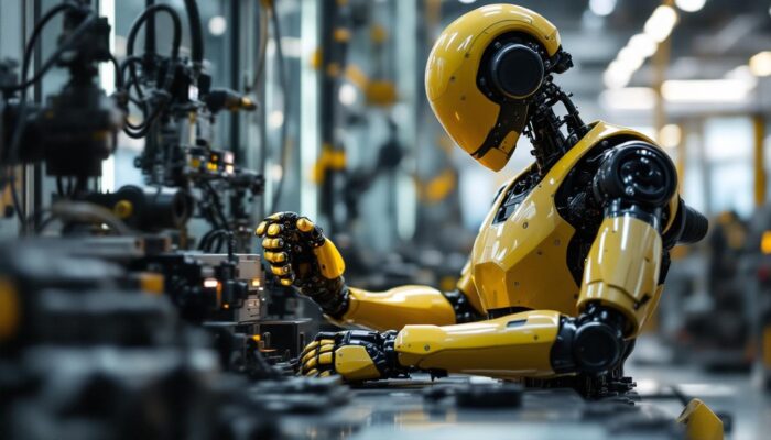 A photograph of a sleek industrial robot in action within a modern manufacturing environment