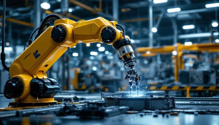 A photograph of a kawasaki industrial robot in action on a factory floor