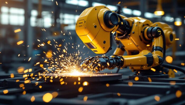 A photograph of a dynamic arc welding robot in action
