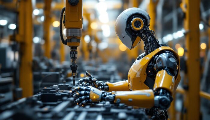 A photograph of a sleek industrial robot in action