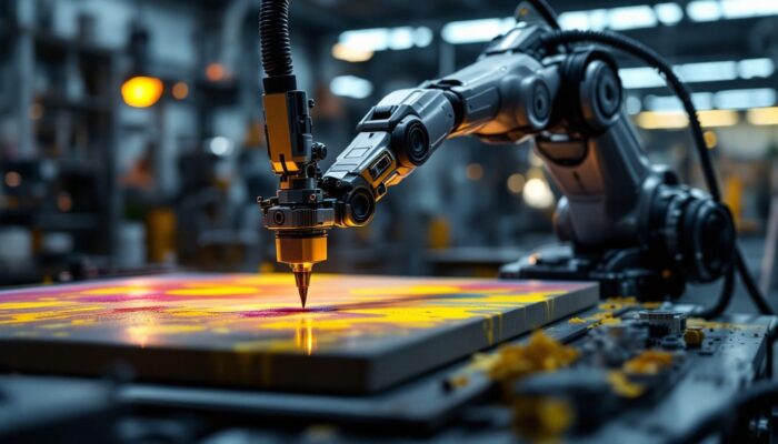 A photograph of a sleek industrial robotic arm in action