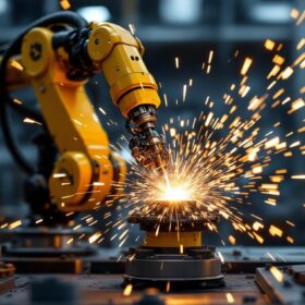 A photograph of a robotic arm engaged in the process of arc welding