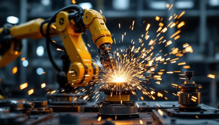 A photograph of a robotic arm engaged in the process of arc welding