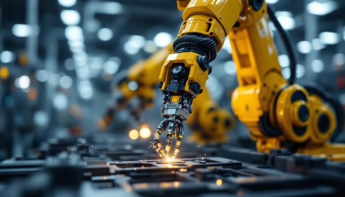 A photograph of a close-up of an industrial robotic arm in action