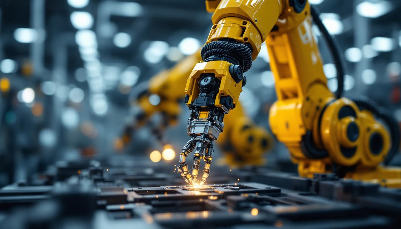 A photograph of a close-up of an industrial robotic arm in action
