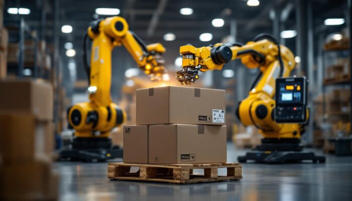 A photograph of capture a photograph of a palletizing robot arm in action