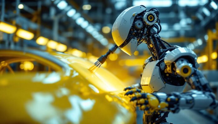 A photograph of a sleek industrial robot in action