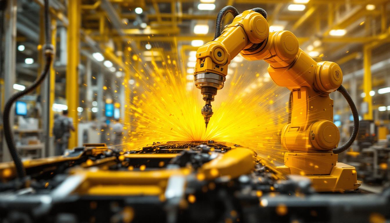 A photograph of a sleek industrial robotic arm in action