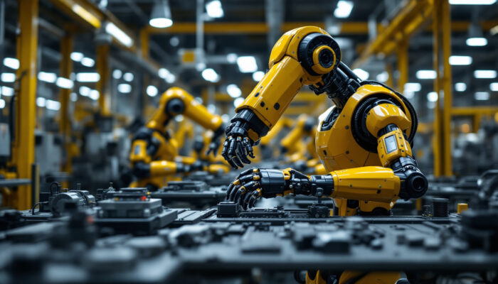 A photograph of a sleek industrial robot in action within a manufacturing environment