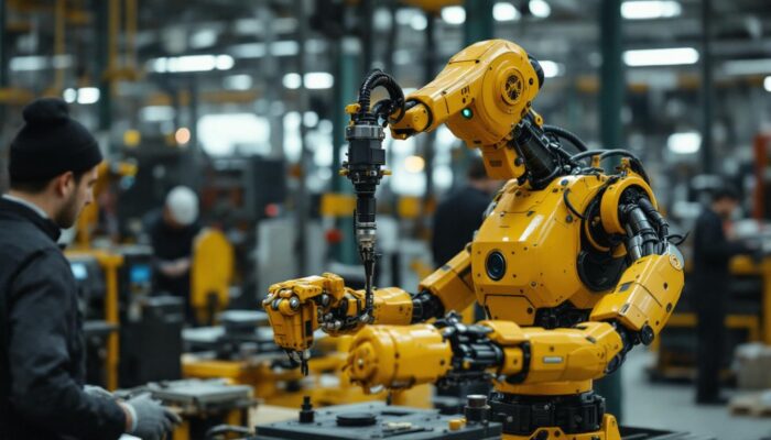 A photograph of a vintage unimate industrial robot in action on a factory floor