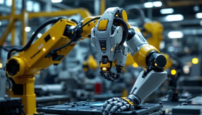 A photograph of a sleek kawasaki industrial robot in action