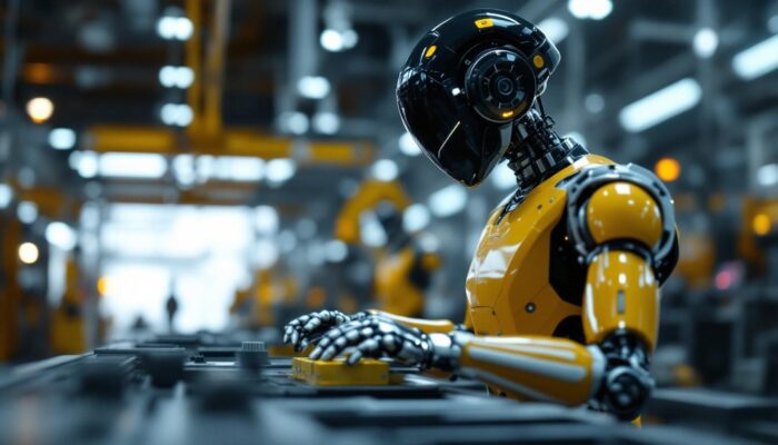A photograph of a sleek industrial robot in action within a modern factory setting