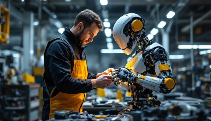 A photograph of a skilled technician assembling an industrial robot in a high-tech workshop