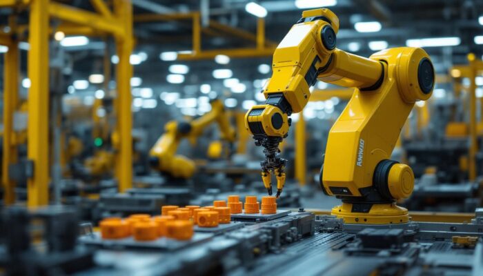 A photograph of a sleek kawasaki industrial robot in action on a factory floor