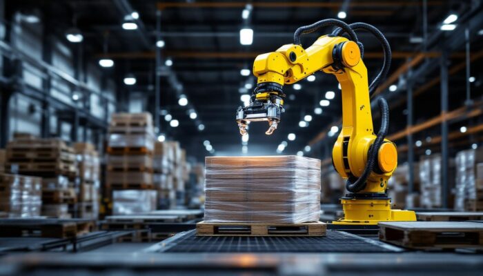A photograph of a state-of-the-art industrial robotic arm in action