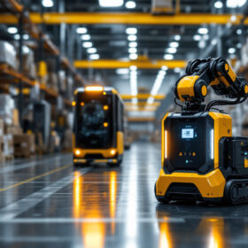 A photograph of a dynamic industrial setting showcasing both an automated guided vehicle (agv) and an autonomous mobile robot (amr) in action
