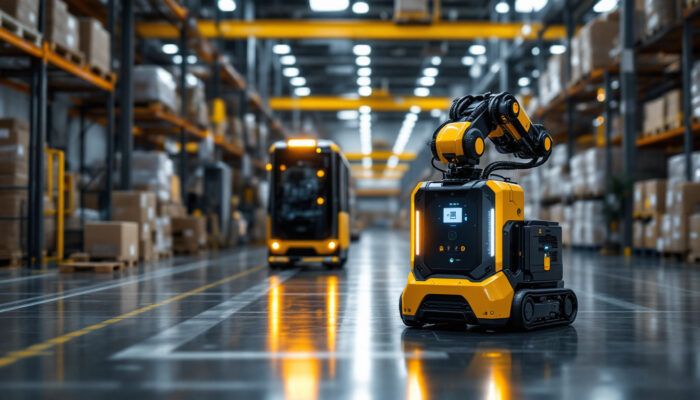 A photograph of a dynamic industrial setting showcasing both an automated guided vehicle (agv) and an autonomous mobile robot (amr) in action