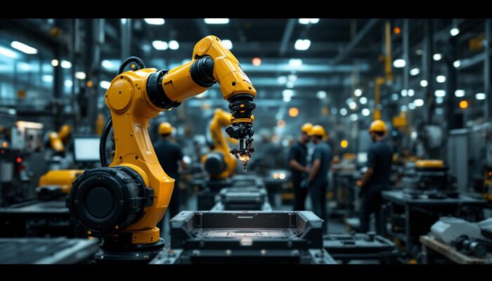 A photograph of a sleek industrial robotic arm in action within a modern manufacturing facility