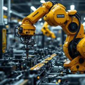 A photograph of a kawasaki industrial robot in action within a modern manufacturing facility