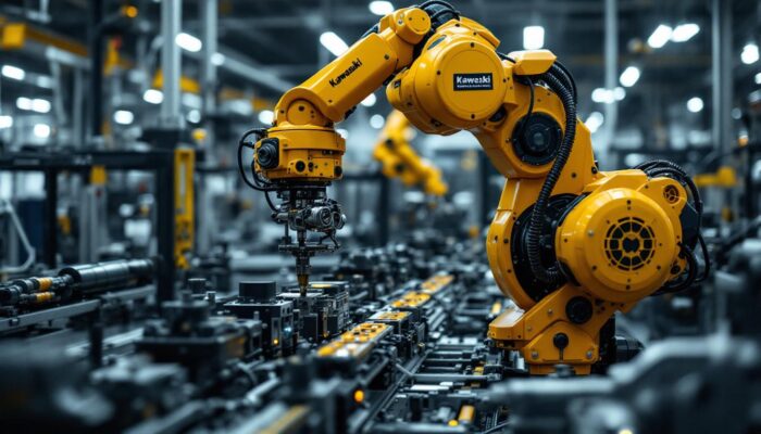 A photograph of a kawasaki industrial robot in action within a modern manufacturing facility