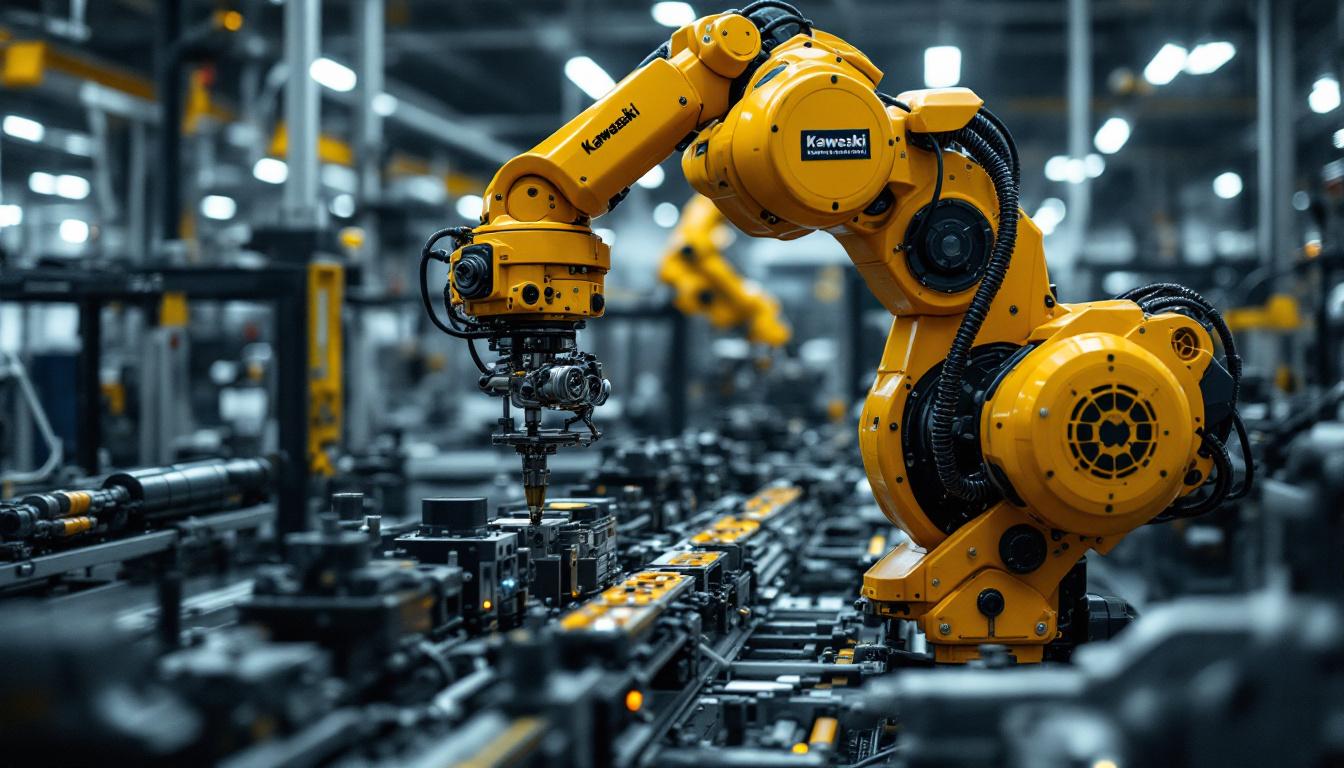 A photograph of a kawasaki industrial robot in action within a modern manufacturing facility