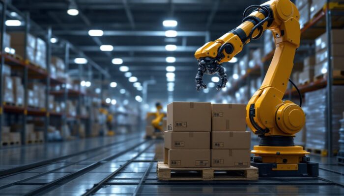 A photograph of a robotic arm efficiently stacking boxes on a pallet in a modern warehouse setting