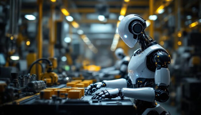 A photograph of a sleek industrial robot