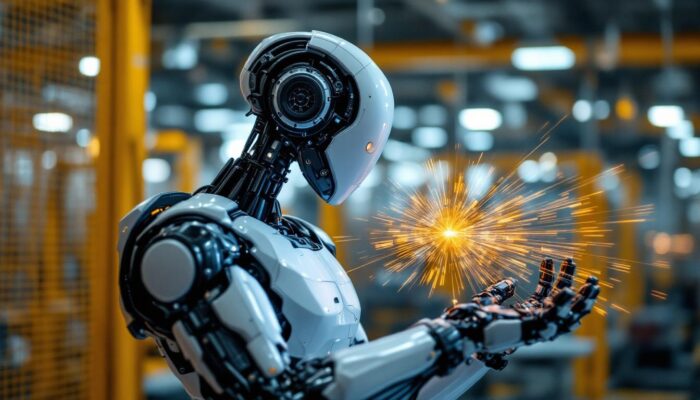 A photograph of a sleek industrial robot in action
