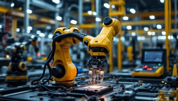 A photograph of a sleek industrial robotic arm in action