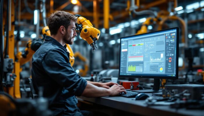 A photograph of a skilled technician programming an industrial robot in a modern manufacturing setting