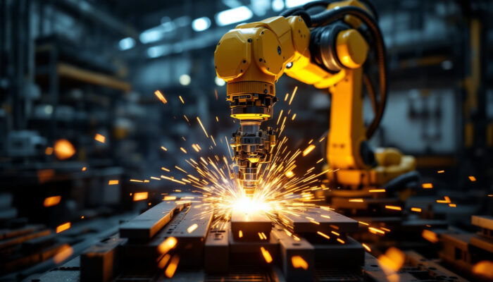 A photograph of a robotic welding machine in action