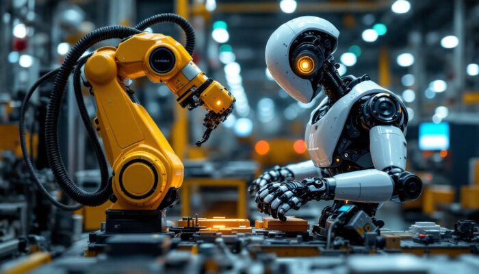A photograph of a sleek kawasaki industrial robot in action on a factory floor