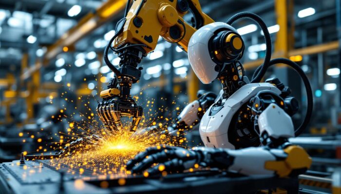 A photograph of a sleek industrial robot in action