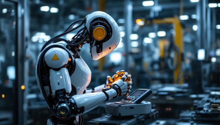 A photograph of a modern industrial robot in action