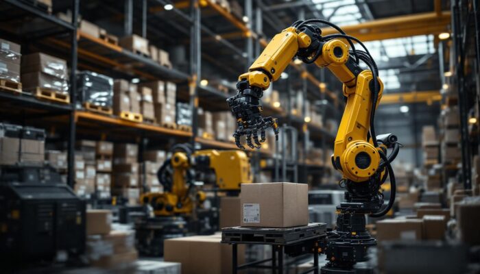 A photograph of a high-tech industrial robotic arm in action