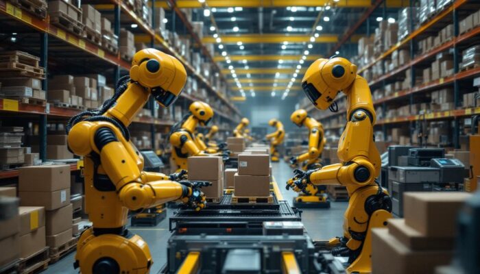 A photograph of a bustling automated warehouse scene