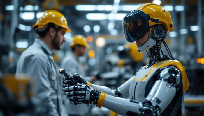 A photograph of capture a photograph of a modern industrial robot working collaboratively alongside human workers in a factory setting