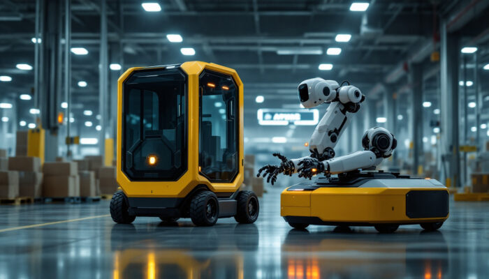 A photograph of a sleek and modern industrial environment showcasing an agv (automated guided vehicle) and an amr (autonomous mobile robot) actively working together