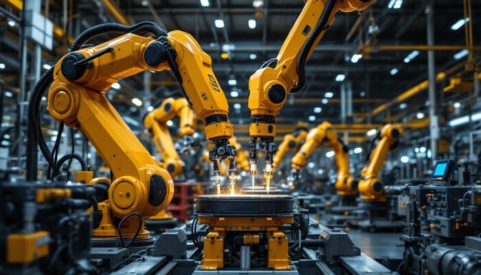 A photograph of a dynamic industrial setting featuring a variety of advanced robotic arms in action