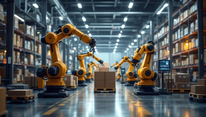A photograph of a modern warehouse interior featuring industrial robots efficiently managing temperature-sensitive goods