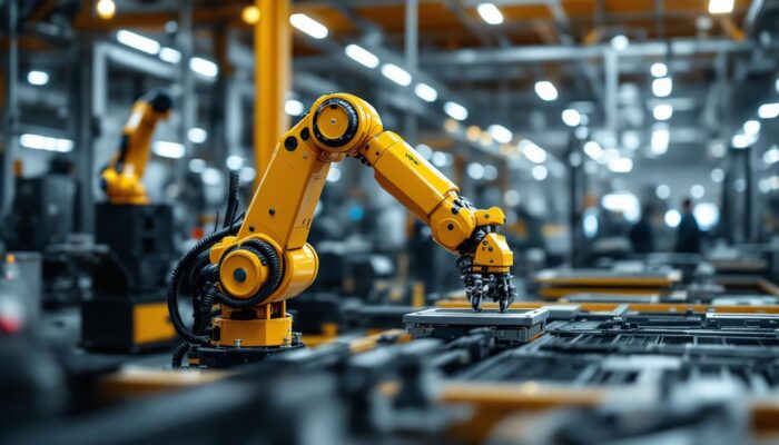 A photograph of a modern industrial setting featuring a sleek robotic arm in action