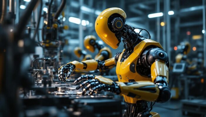 A photograph of a sleek industrial robot in action within a manufacturing environment