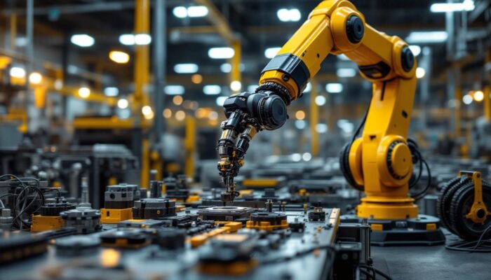 A photograph of a dynamic industrial setting featuring a robotic arm in action