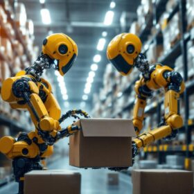 A photograph of a modern warehouse environment showcasing an industrial robot in action