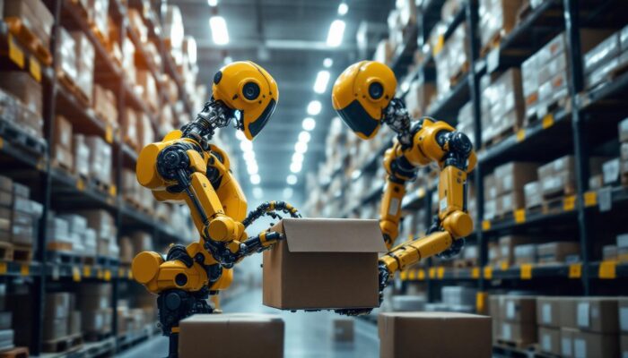 A photograph of a modern warehouse environment showcasing an industrial robot in action